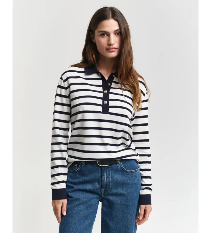 Gant para mujer. 4200556 Polo de piqué de manga larga con raya bretona blanco, marino (L), Casual, Algodón