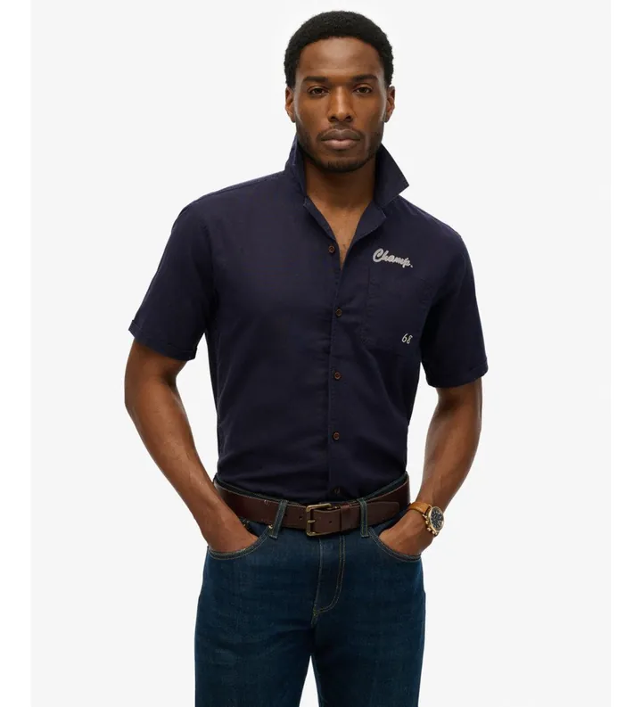 Superdry para hombre. M4011007A Camisa Resort Merchant Store marino (L), Casual, Lino, Manga corta