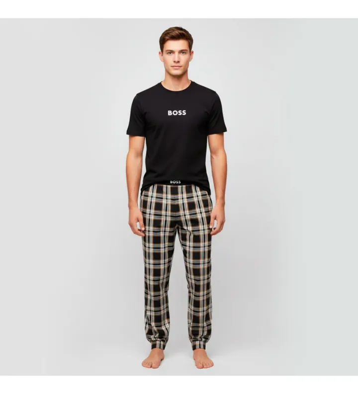 BOSS para hombre. 50535875 Set de pijama liso y a cuadros negro (M), Algodón, Manga larga