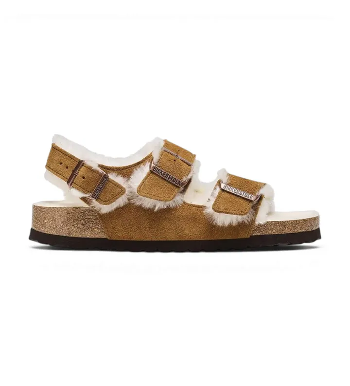 Birkenstock para mujer. 1025515 Sandalias Milano Shearling Ante (Ajuste Estrecho) marrón (38), Plano, Hebilla, Casual