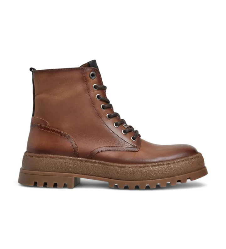 Pepe Jeans para hombre. PMS50258 Botines de piel Lincoln Top marrón (40), Plano, Cordones, Cremallera, Casual