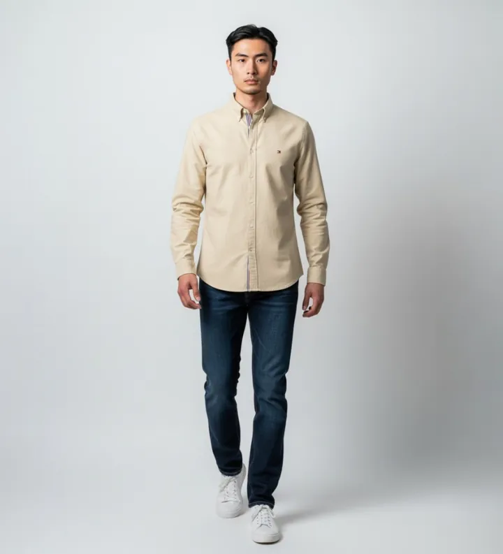 Tommy Hilfiger para hombre. MW0MW42455 Camisa casual beige (L), Algodón, Clásico, Manga larga