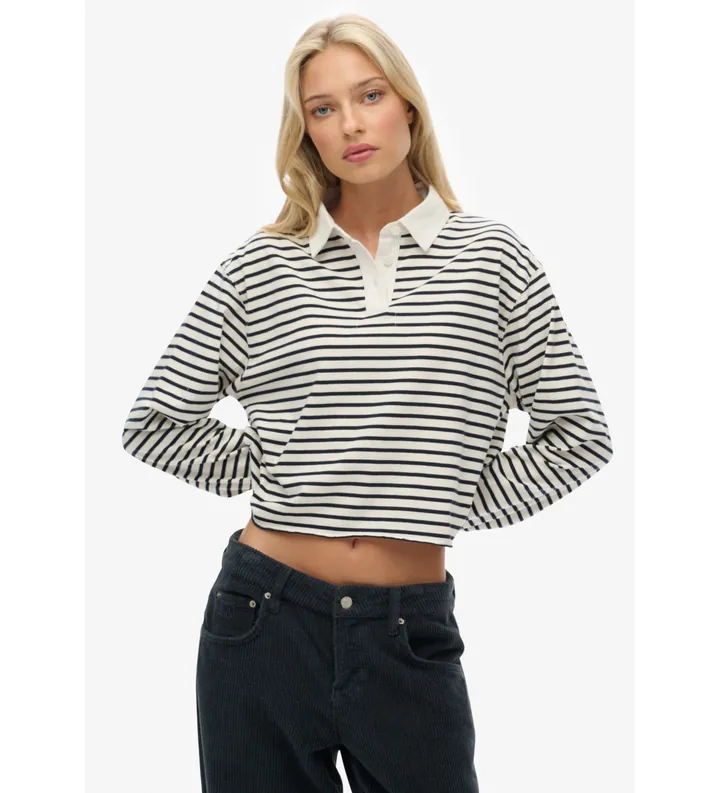Superdry para mujer. W6012175A Polo Stripe Rugby beige (L), Casual, Algodón, Manga larga