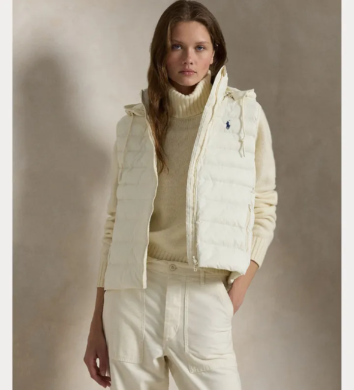 Polo Ralph Lauren para mujer. 211958935002 Chaleco plegable hidrófugo blanco crema (XS), Casual, Sostenible, Nylon reciclado