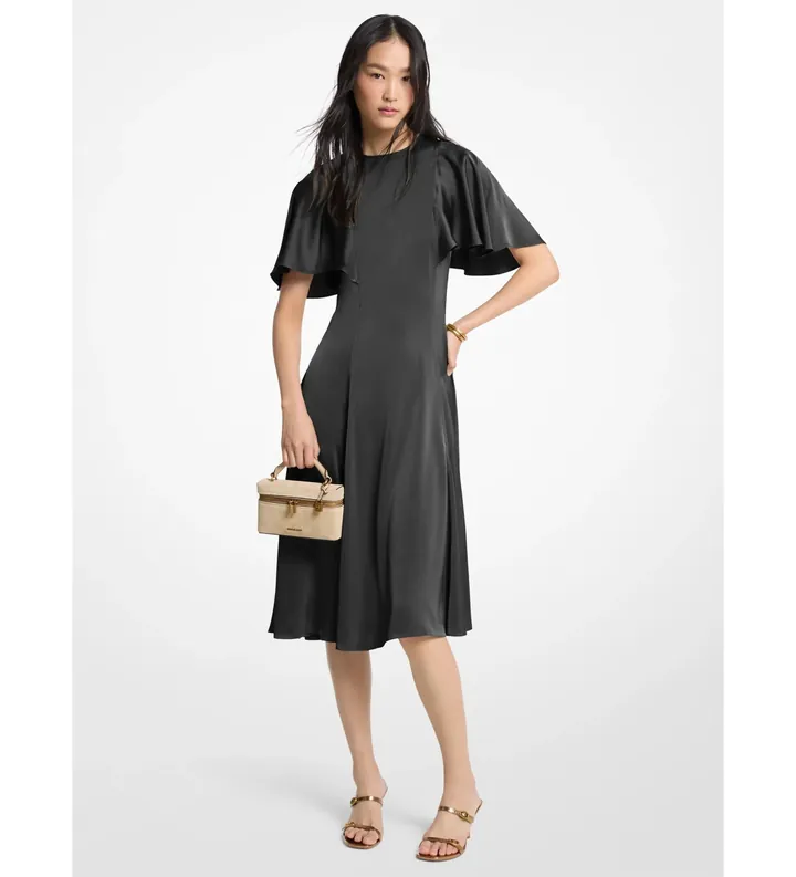 Michael Kors para mujer. MT683KYAYJ Vestido midi de satén con mangas con vuelo negro (36), Casual, Fiesta, Manga corta, Poliéster Reciclado