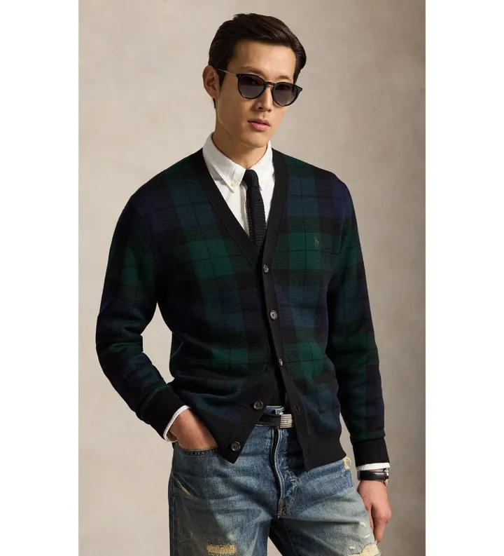 Polo Ralph Lauren para hombre. 710B23895001 Cárdigan de lana con cuadros verde, marino (L), Multicolor, Clásico
