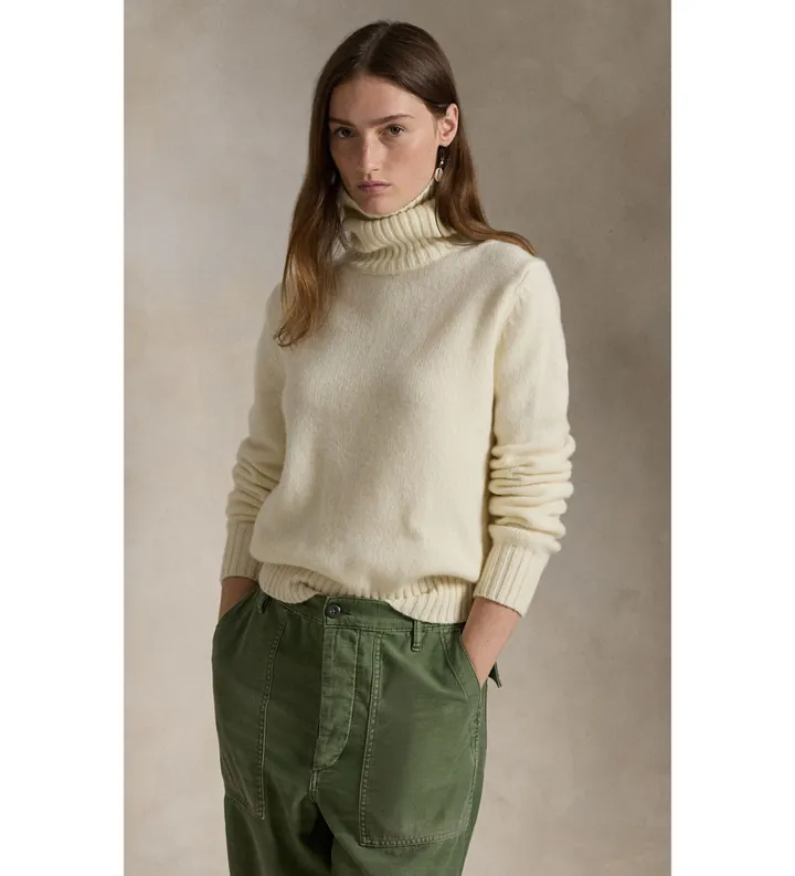 Polo Ralph Lauren para mujer. 211891667001 Jersey de lana con cuello vuelto blanco crema (L), Casual, Manga larga
