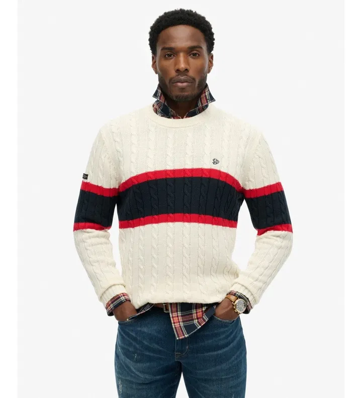 Superdry para hombre. M6110710A Jersey Cotton Stripe Cable beige (L), Casual, Algodón, Manga larga