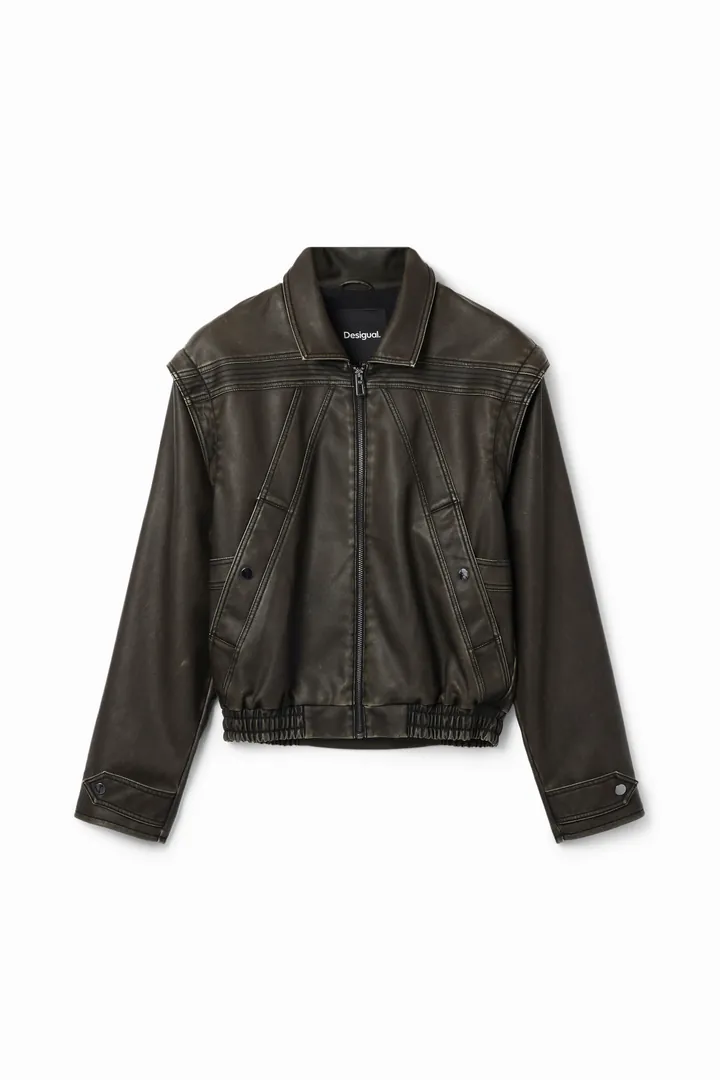 Desigual, Chaqueta efecto piel mangas desmontables, Poliuretano, Negro, L