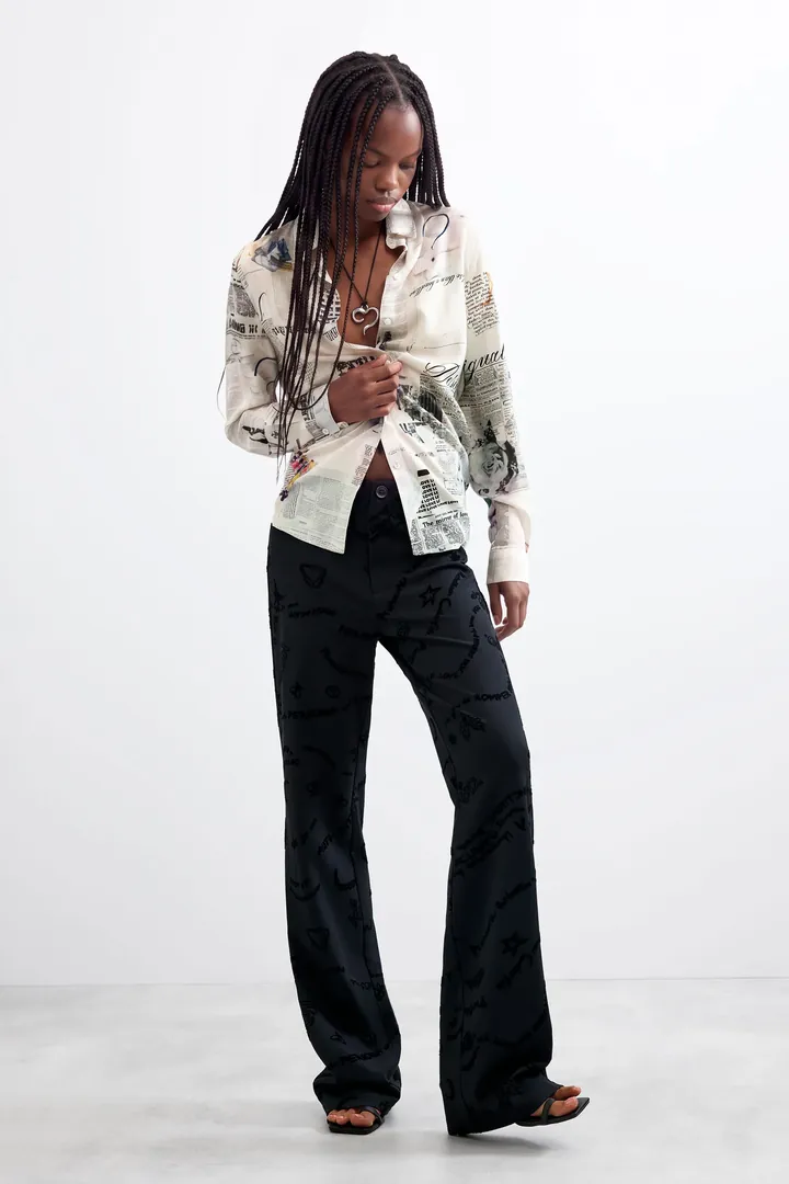 Desigual, Pantalón flocado Largo, Mujer, Negro, L