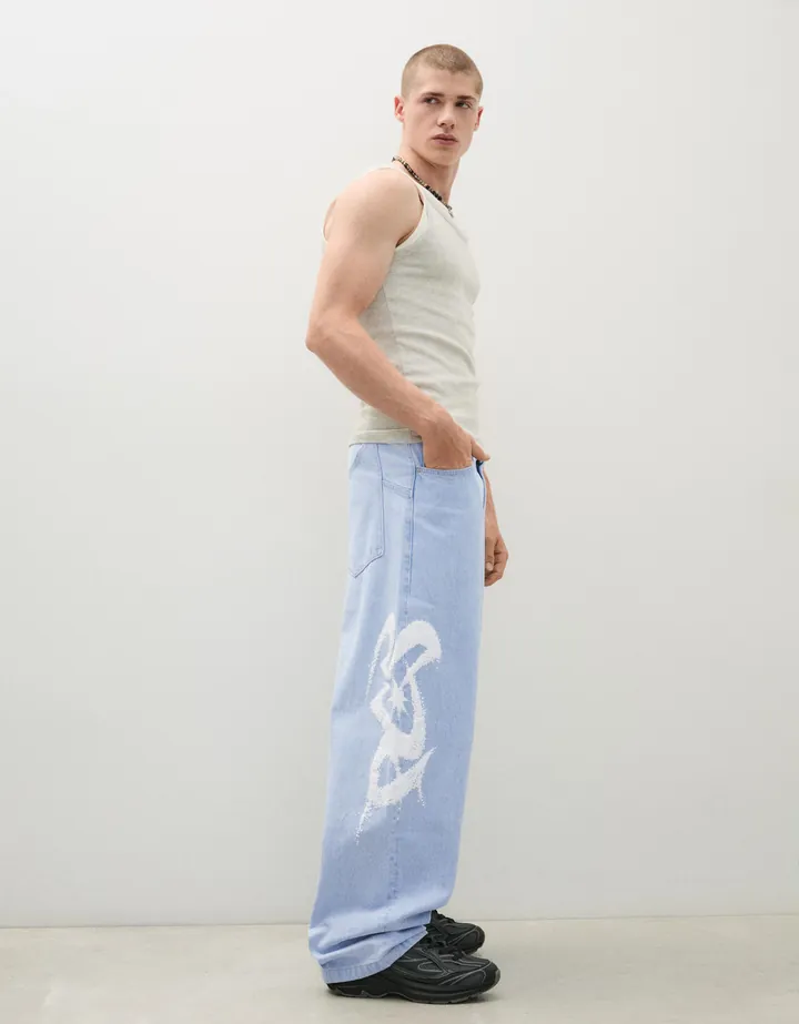 Bershka Jeans Super Baggy Print Lateral Hombre 32 Azul Claro