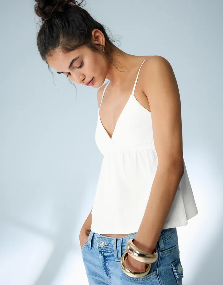 Bershka Top Tirantes Peplum Mujer L Blanco