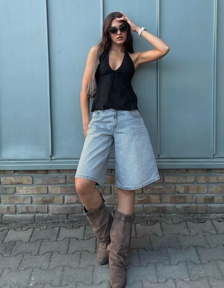 Bershka Bermuda Denim Baggy Mujer 32 Azul Lavado