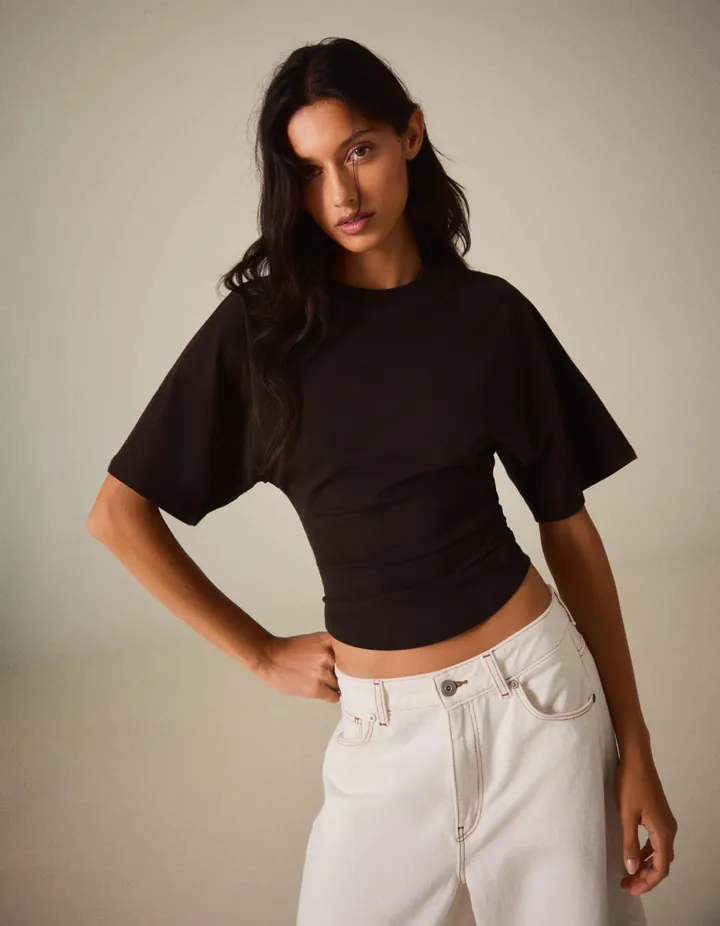 Bershka Camiseta Manga Corta Corsé Mujer L Marrón
