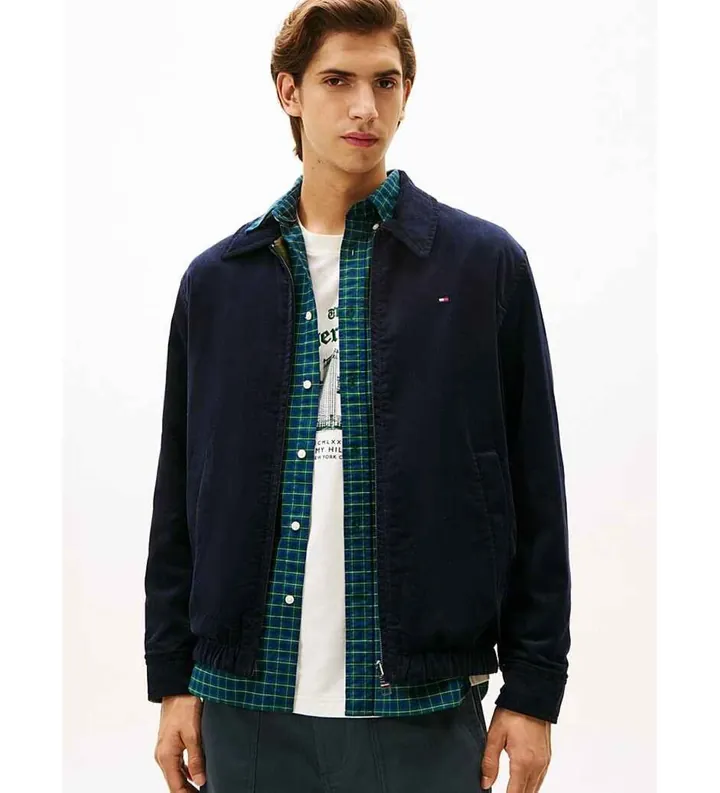 Tommy Hilfiger para hombre. MW0MW40620 Chaqueta Ivy reversible de pana marino (L), Negro, Casual, Verde, Algodón, Sostenible