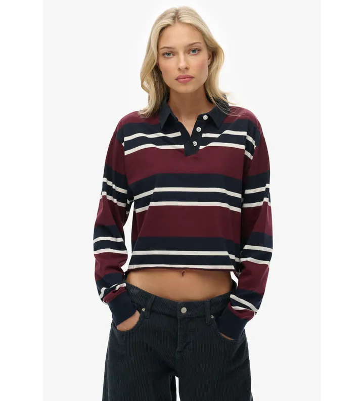 Superdry para mujer. W6012175A Polo Stripe Rugby burdeos (L), Casual, Algodón, Manga larga