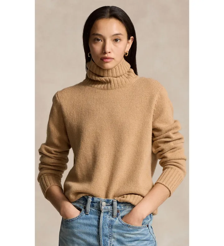 Polo Ralph Lauren para mujer. 211891667002 Jersey de lana con cuello vuelto beige (L), Casual, Manga larga