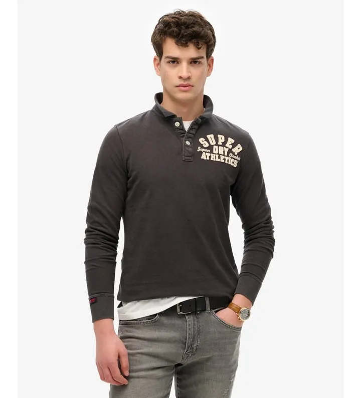 Superdry para hombre. M1110435A Polo Vintage Athletic negro (L), Casual, Algodón, Manga larga