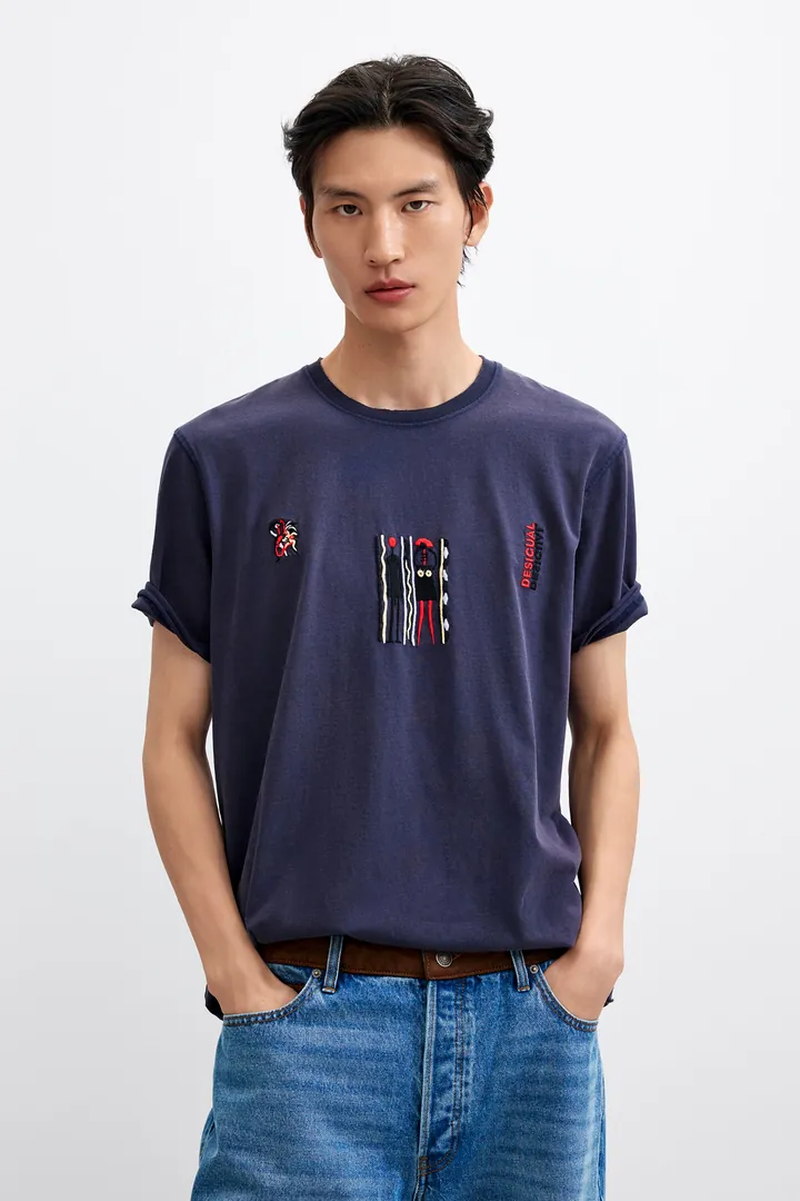 Desigual, Camiseta punto bordada, Hombre, Algodon, Azul, L