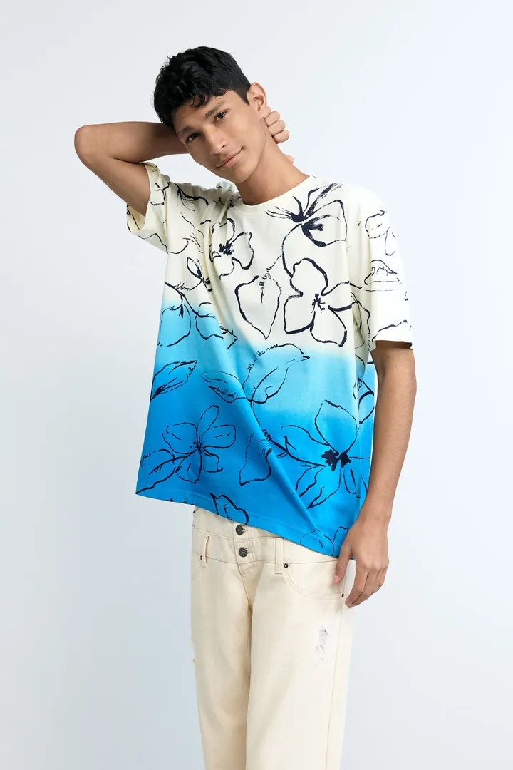 Desigual, Camiseta degradado tropical, Hombre, Algodon, Blanco, M