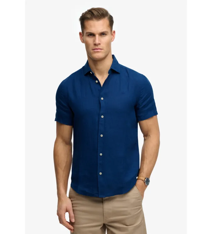 Superdry para hombre. M4011104A Camisa Riviera marino (L), Casual, Lino, Manga corta