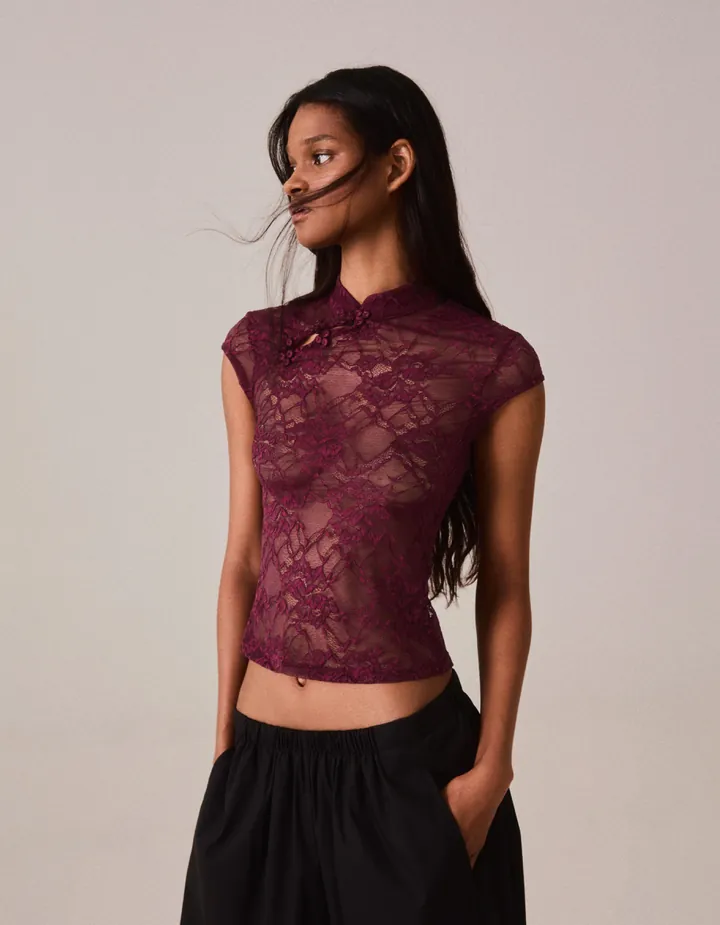 Bershka Top Encaje Alamares Mujer L Burdeos