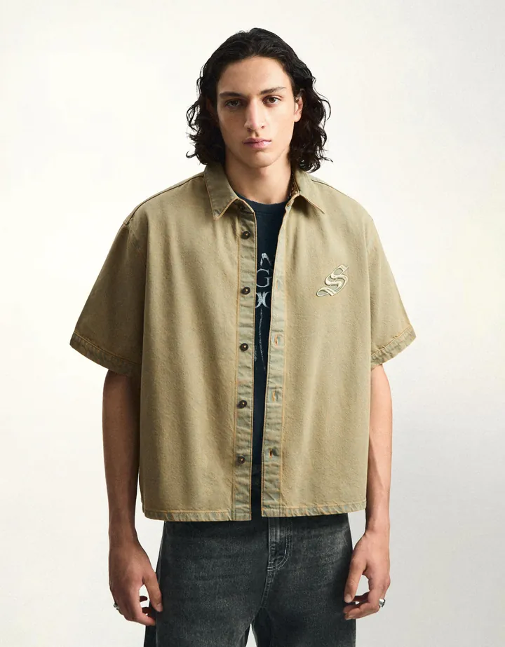Bershka Camisa Manga Corta Boxy Relieve Hombre L Kaki