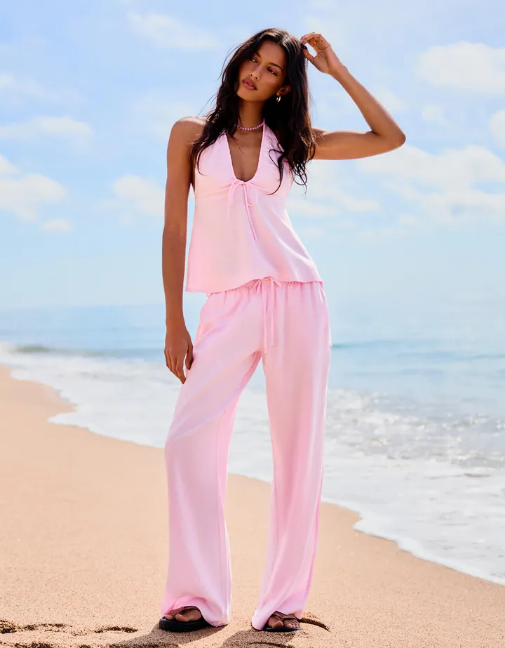 Bershka Top Halter Con Lino Mujer L Rosa