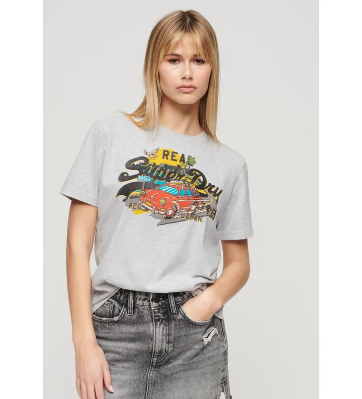 Superdry para mujer. W1011401A Camiseta de corte relajado con gráfico LA gris (M), Casual, Manga corta, Sostenible, Algodón Reciclado