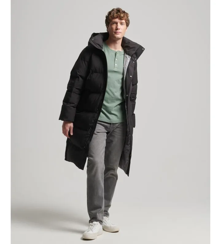 Superdry para hombre. M5011784A Abrigo acolchado largo con capucha negro (M), Casual, Poliéster Reciclado, Sostenible