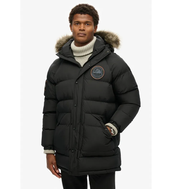 Superdry para hombre. M5011932A Parka Everest Longline Baffled negro (XL), Casual, Poliéster Reciclado, Sostenible, Nylon reciclado