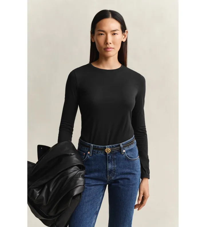 Gant para mujer. 4202595 Camiseta de manga larga Lisa negro (L), Casual, Algodón