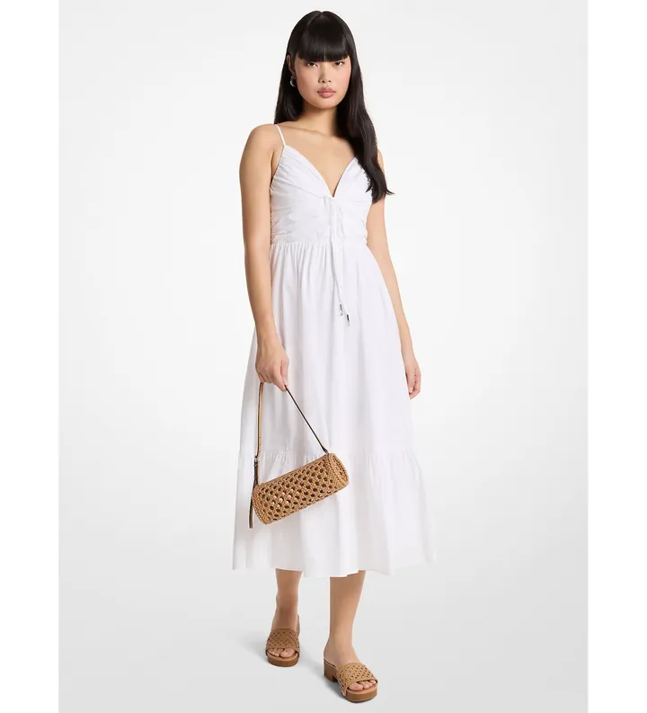 Michael Kors para mujer. MS683DHKLZ Vestido midi de popelina de algodón blanco (M), Casual, Sin mangas / Tirantes