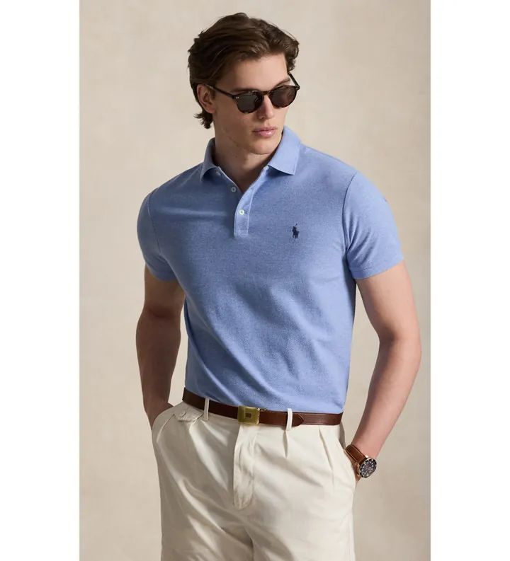 Polo Ralph Lauren para hombre. 710B13479008 Polo de piqué Custom Slim Fit azul (L), Casual, Algodón, Manga corta