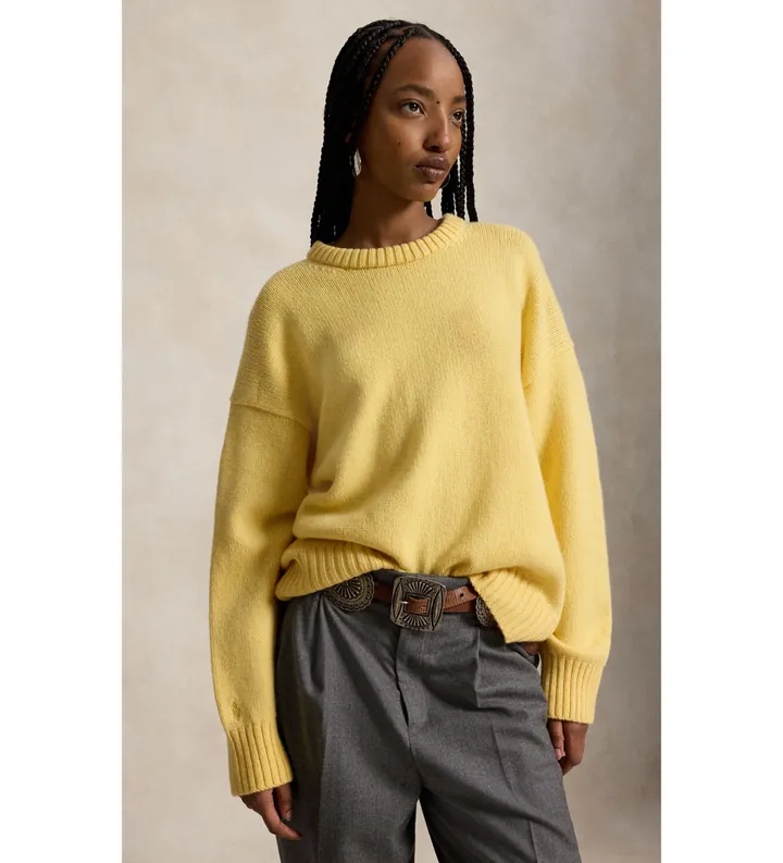 Polo Ralph Lauren para mujer. 211B17753001 Jersey de lana con cuello redondo amarillo (L), Casual, Manga larga