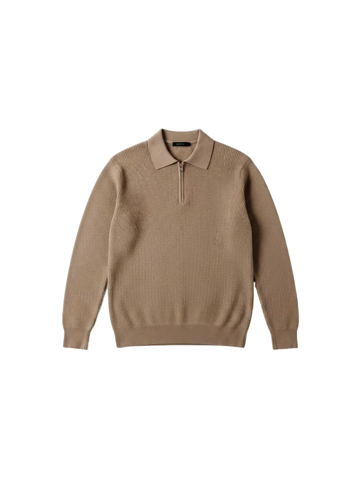 Kleidermafia Jersey 'Slim Fit Knit Zipper Polo Sweater - Camel' camelo