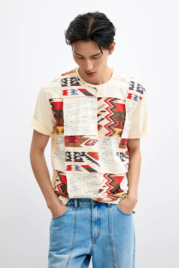 Desigual, Camiseta estampado étnico, Hombre, Algodon, Blanco, L