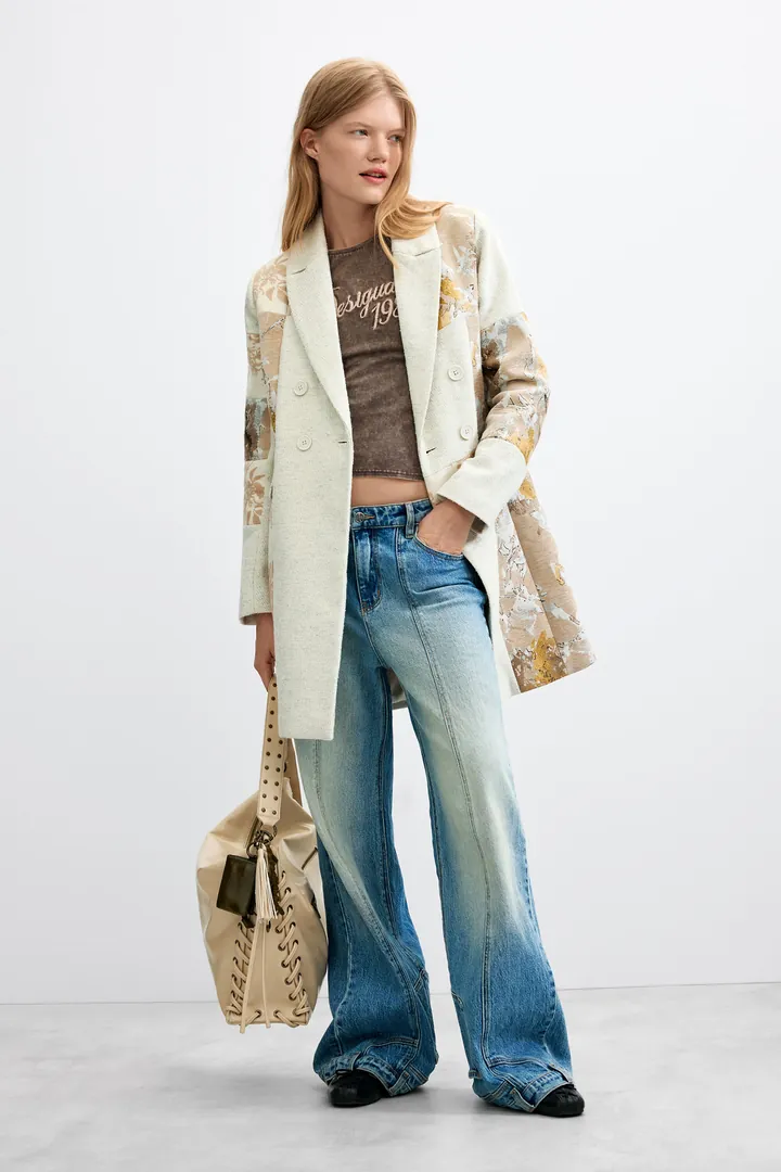 Desigual, Abrigo lana jacquard, Mujer, Blanco, L