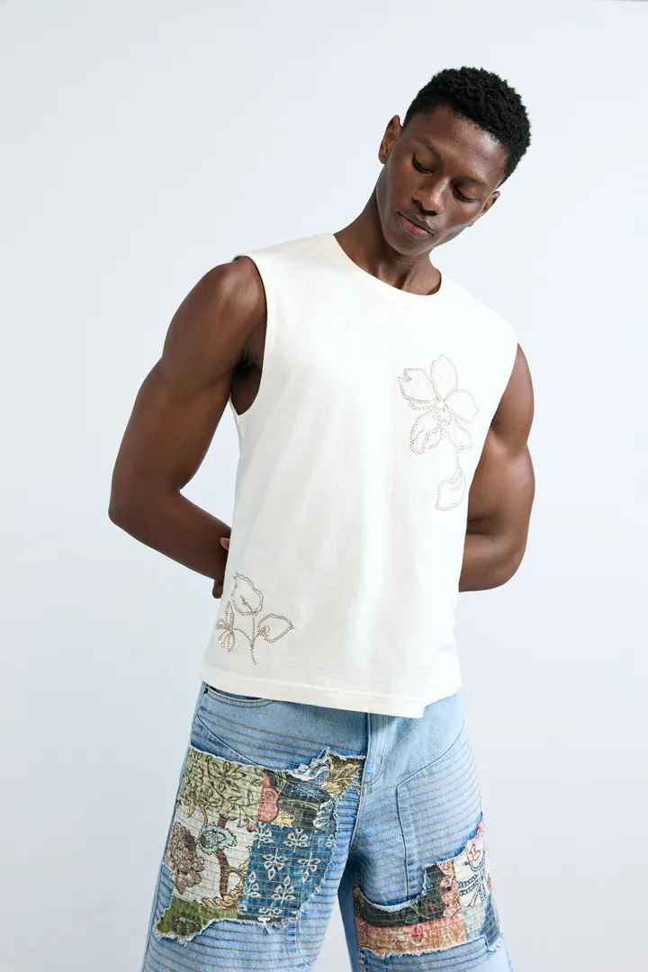 Desigual, Camiseta tirantes bordada, Hombre, Algodon, Blanco, S