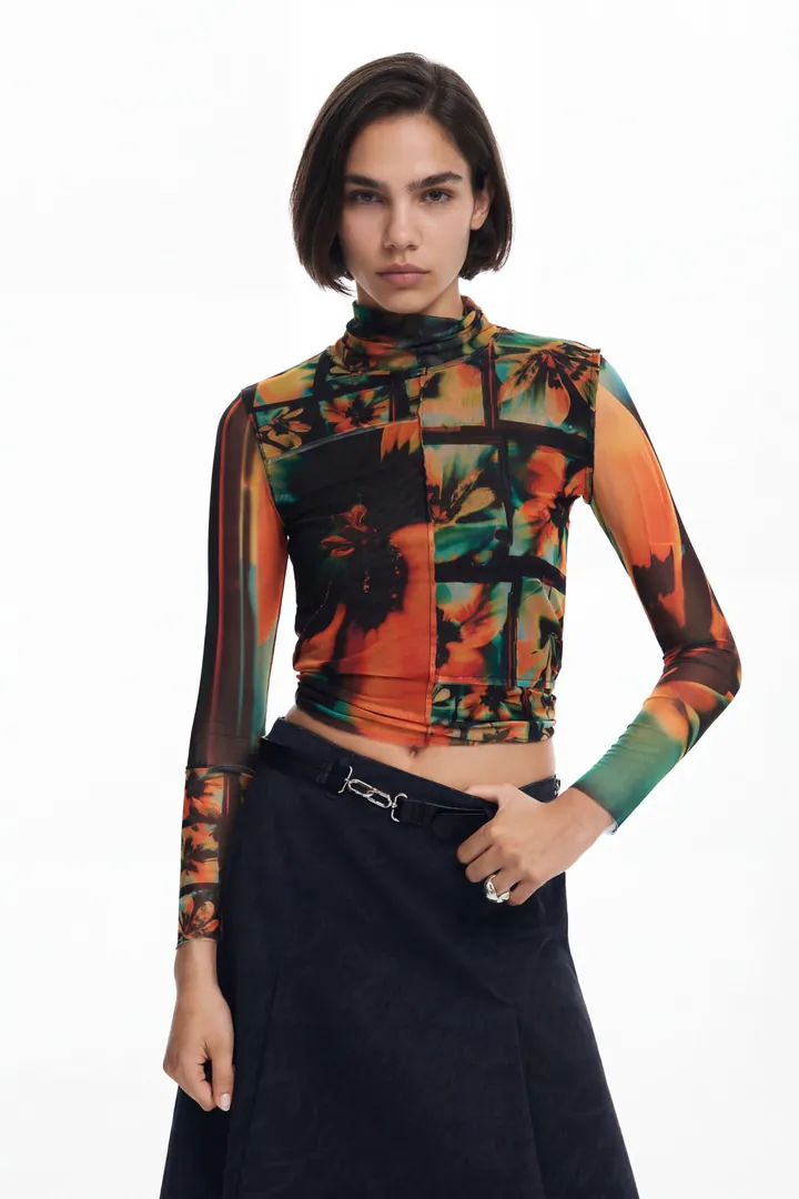 Desigual, Camiseta tul estampada, Poliester, Naranja, L
