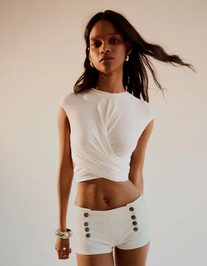 Bershka Shorts Mini Botones Mujer 32 Blanco Roto