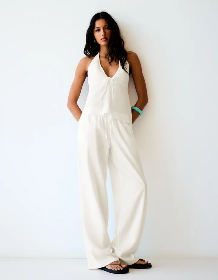 Bershka Top Halter Con Lino Mujer L Blanco Roto
