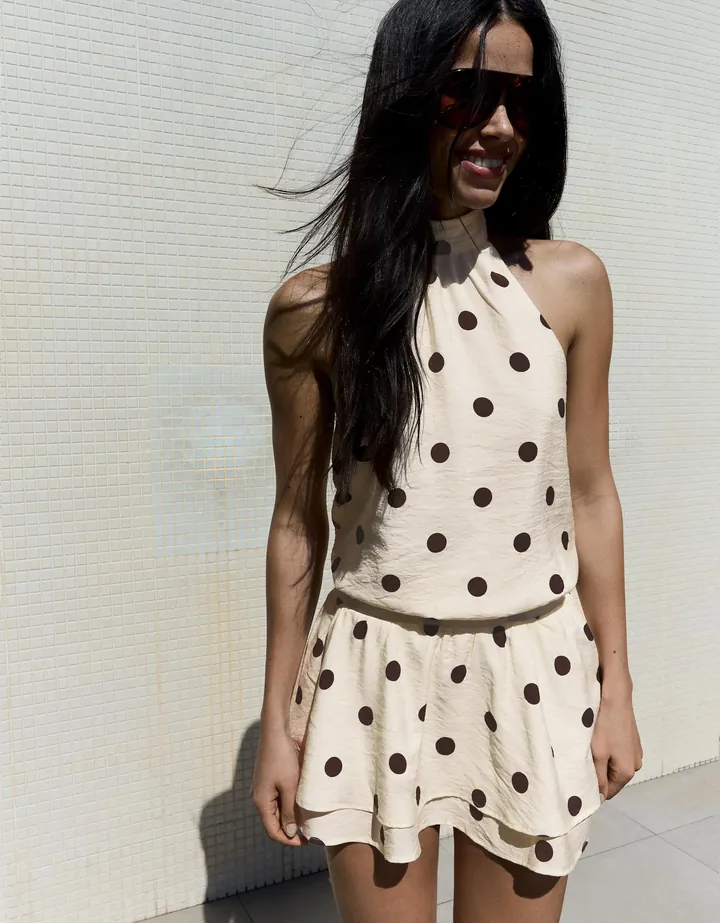 Bershka Vestido Mini Cuello Halter Mujer L Beige