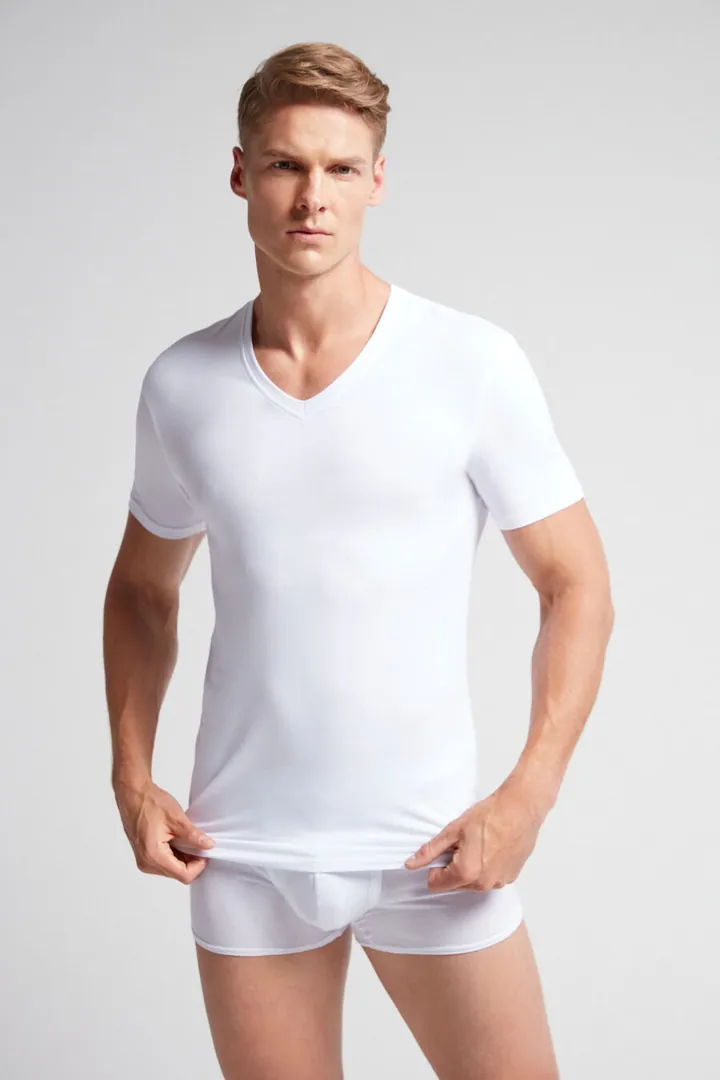 Intimissimi Camiseta con Cuello de Pico de Algodón Superior Elástico Hombre Azul Tamaño L