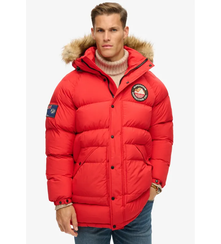 Superdry para hombre. M5011932A Parka larga con deflectores Everest rojo (L), Casual, Poliéster Reciclado, Sostenible, Nylon reciclado