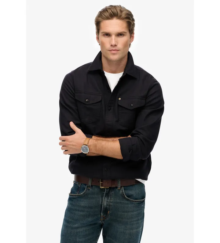 Superdry para hombre. M4011022A Camisa Merchant Ranch negro (L), Casual, Algodón, Manga larga