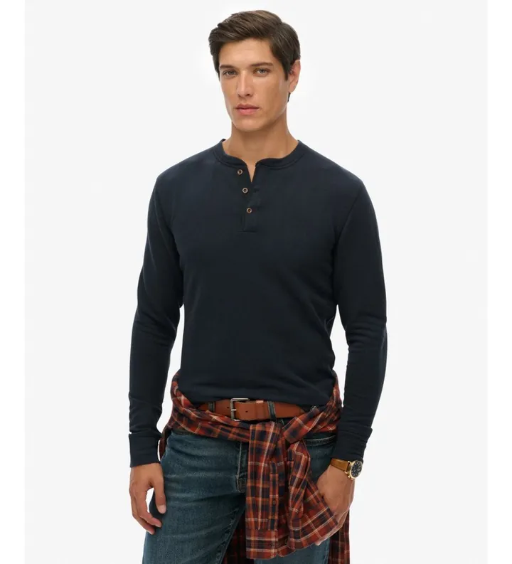 Superdry para hombre. M6010903A Camiseta Merchant Store Grandad marino (L), Casual, Algodón, Manga larga