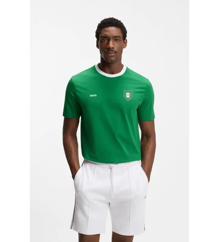 BOSS para hombre. 50562134 Camiseta con bandera (L), Casual, Verde, Manga corta, Algodón Orgánico