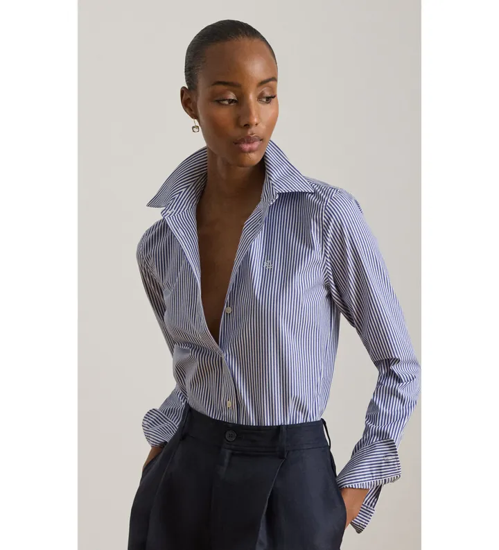 Lauren Ralph Lauren para mujer. 200859048001 Camisa de algodón con rayas Classic Fit azul (L), Casual, Manga larga