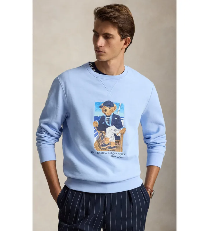 Polo Ralph Lauren para hombre. 710B18538001 Sudadera de felpa con Polo Bear azul (L), Casual, Algodón, Manga larga
